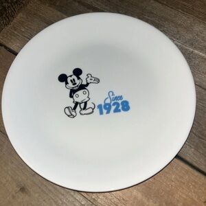 Disney White Plate with Black Mickey and Blue "Since 1928" Graphic